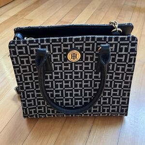 Tommy Hilfiger Monogram Satchel Handbag Black White Gold Chain Strap Crossbody